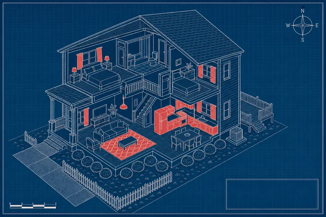 Isometric blueprint cutaway of a two-story rental house with the 5-year components picked out in red: flooring, cabinets, appliances, curtains and light fixtures.