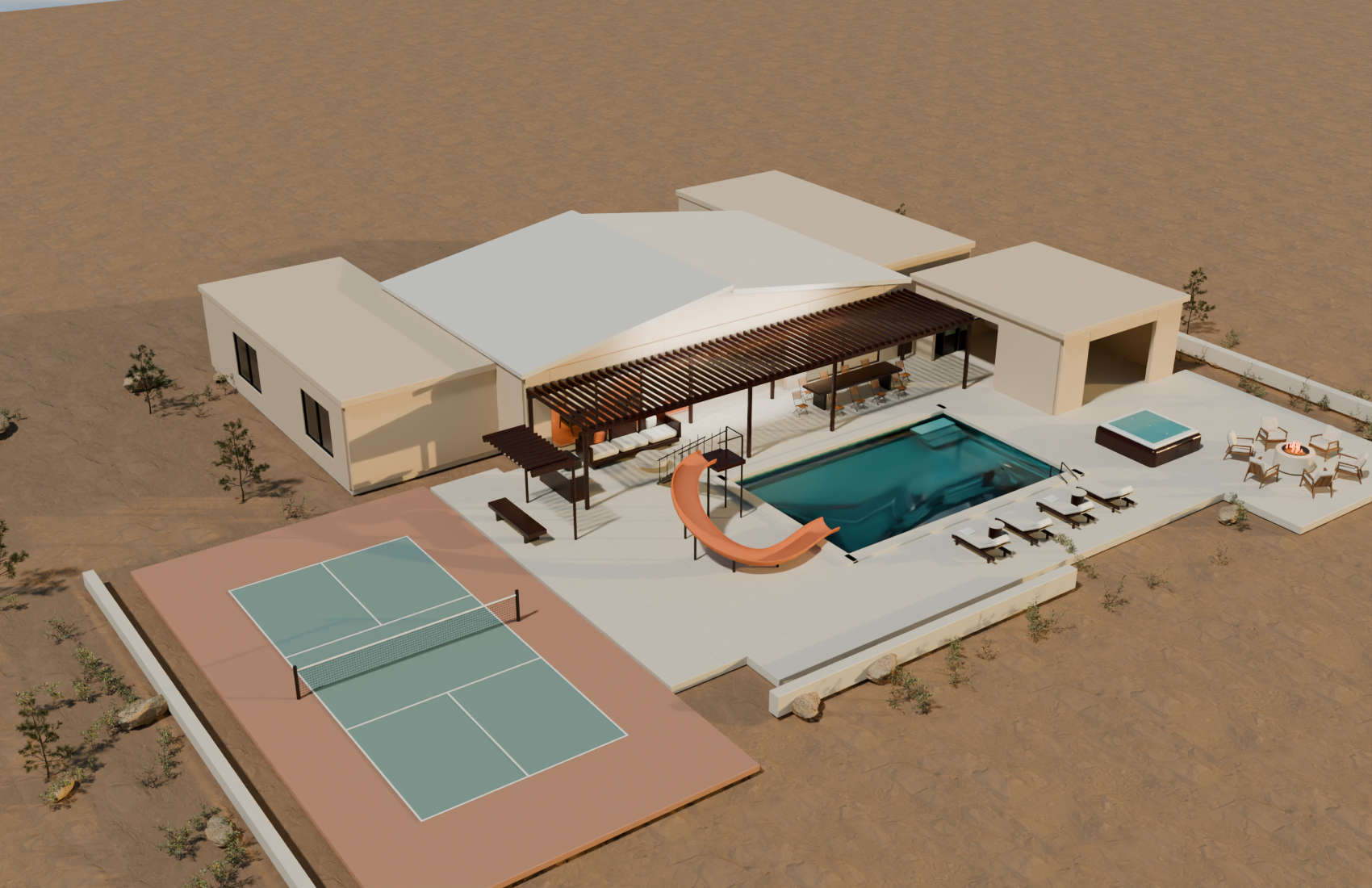 The fictional Canyon Club villa, pool courtyard and pickleball court