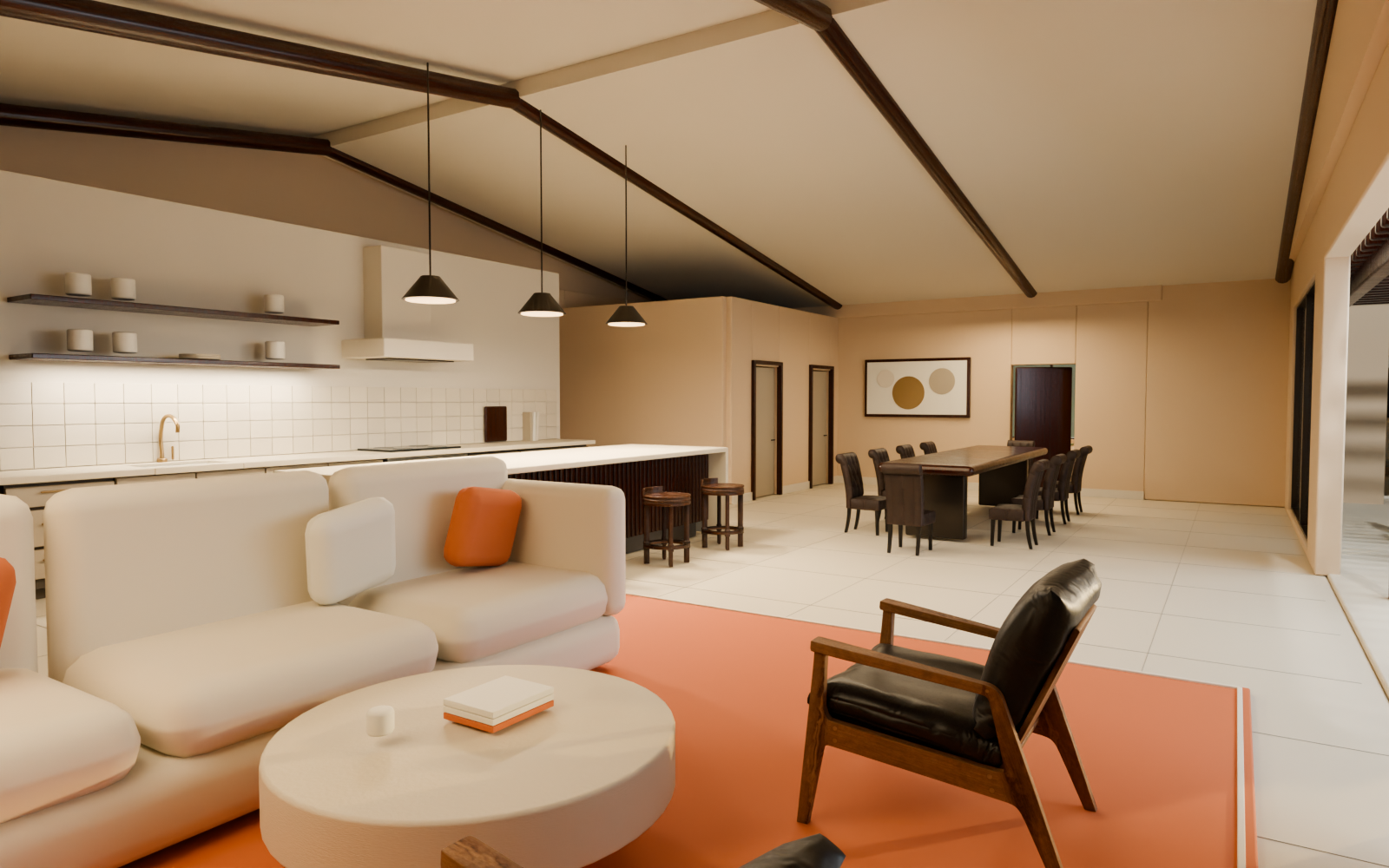 The kitchen, dining and lounge interior