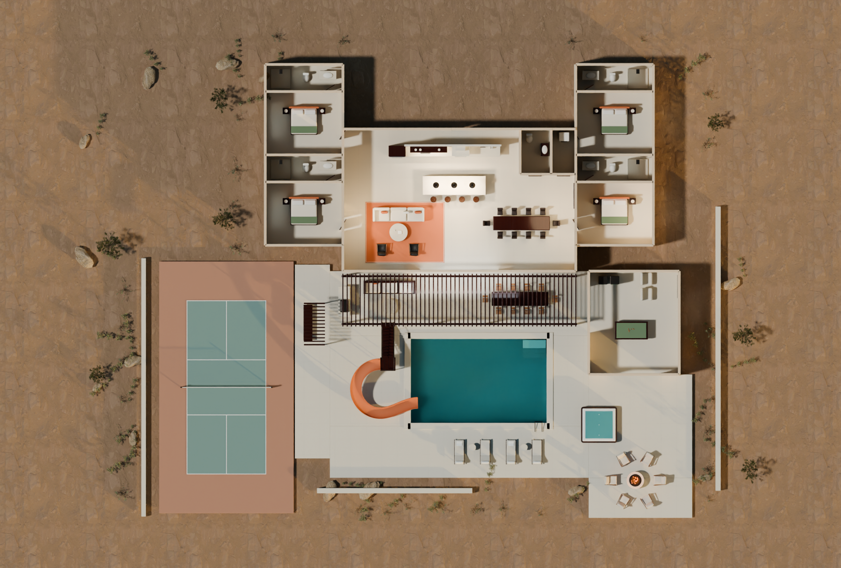 Roof-off layout plan of the four suites and shared spaces