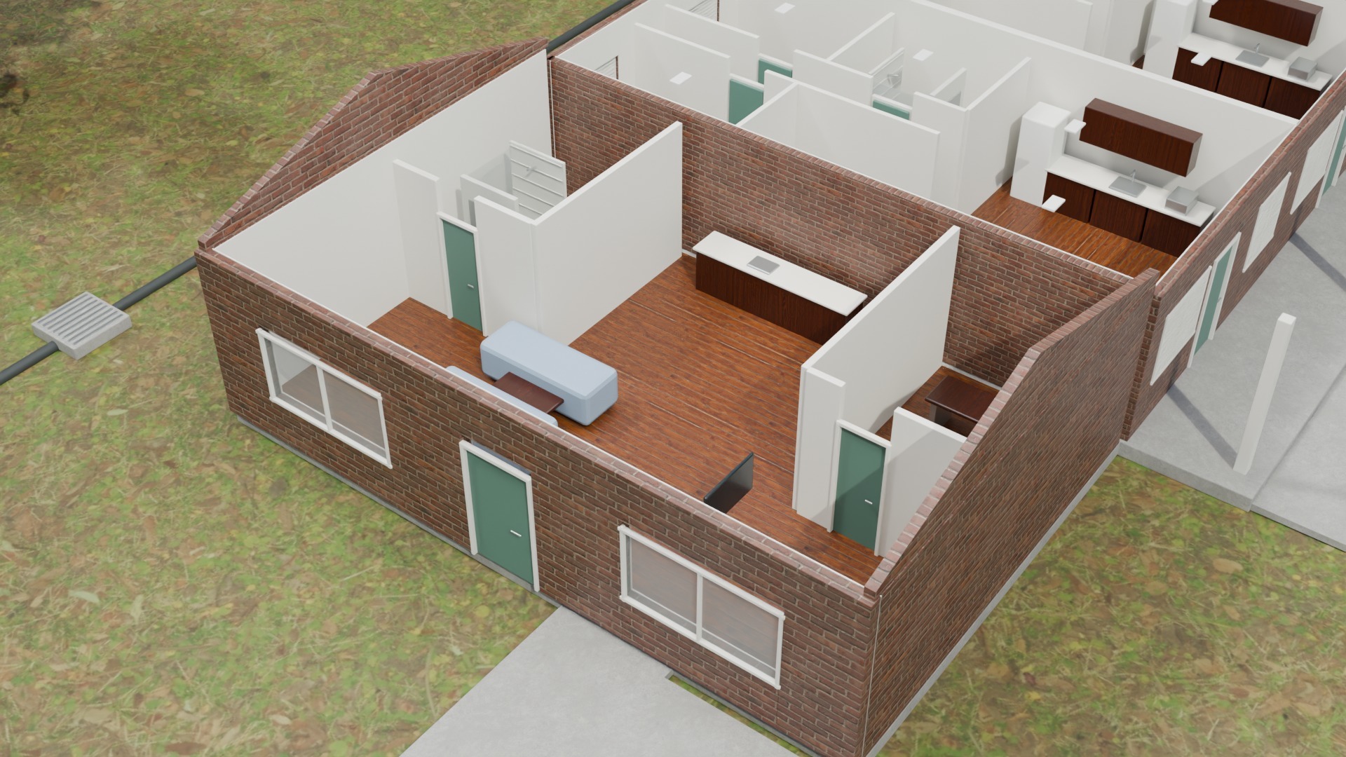 The attached clubhouse with a resident lounge, kitchenette, bathroom and enclosed leasing office.