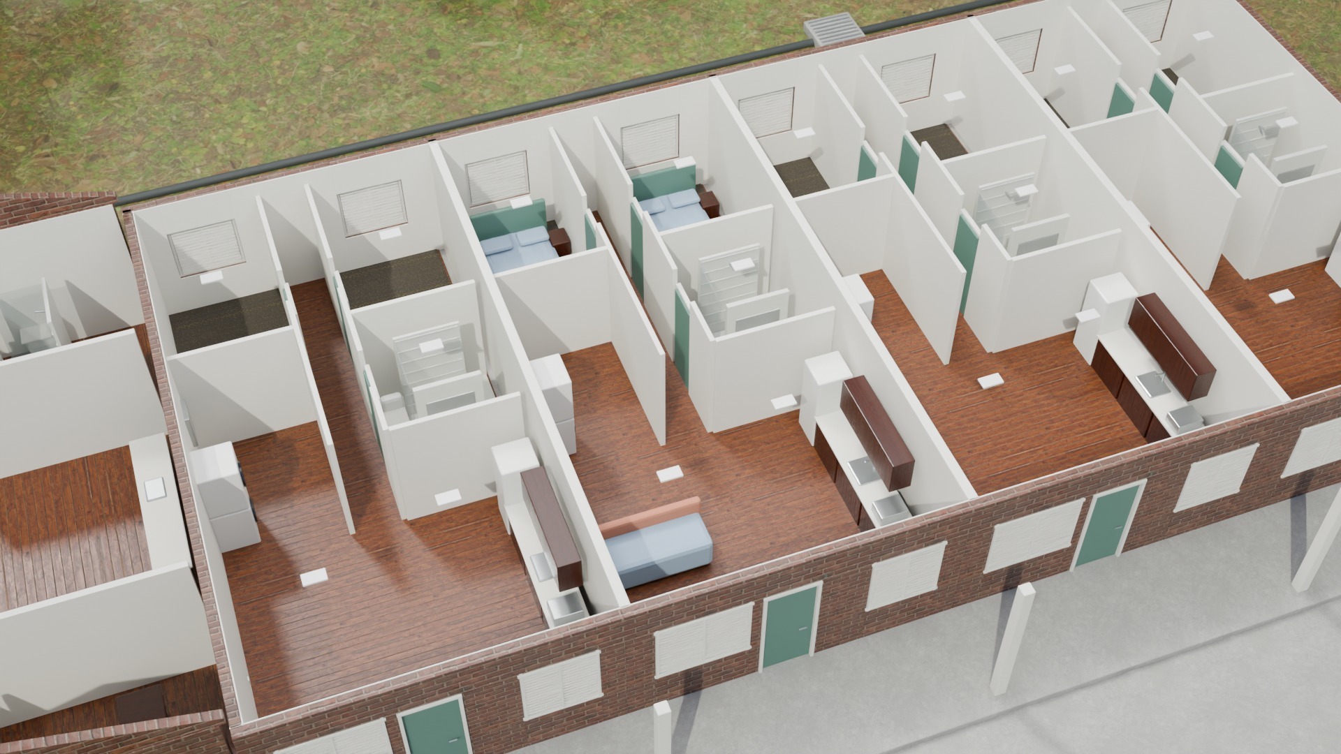 A row of first-floor two-bedroom apartments seen from above with the upper floor hidden, showing living rooms, kitchens, bathrooms and bedrooms.
