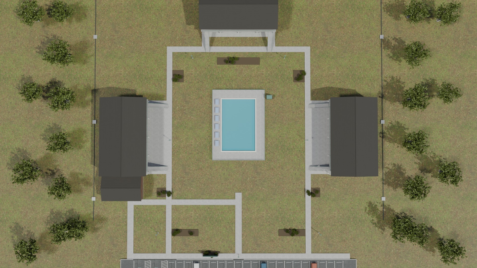 An overhead plan of three apartment wings around a pool, pedestrian courtyard and resident parking.