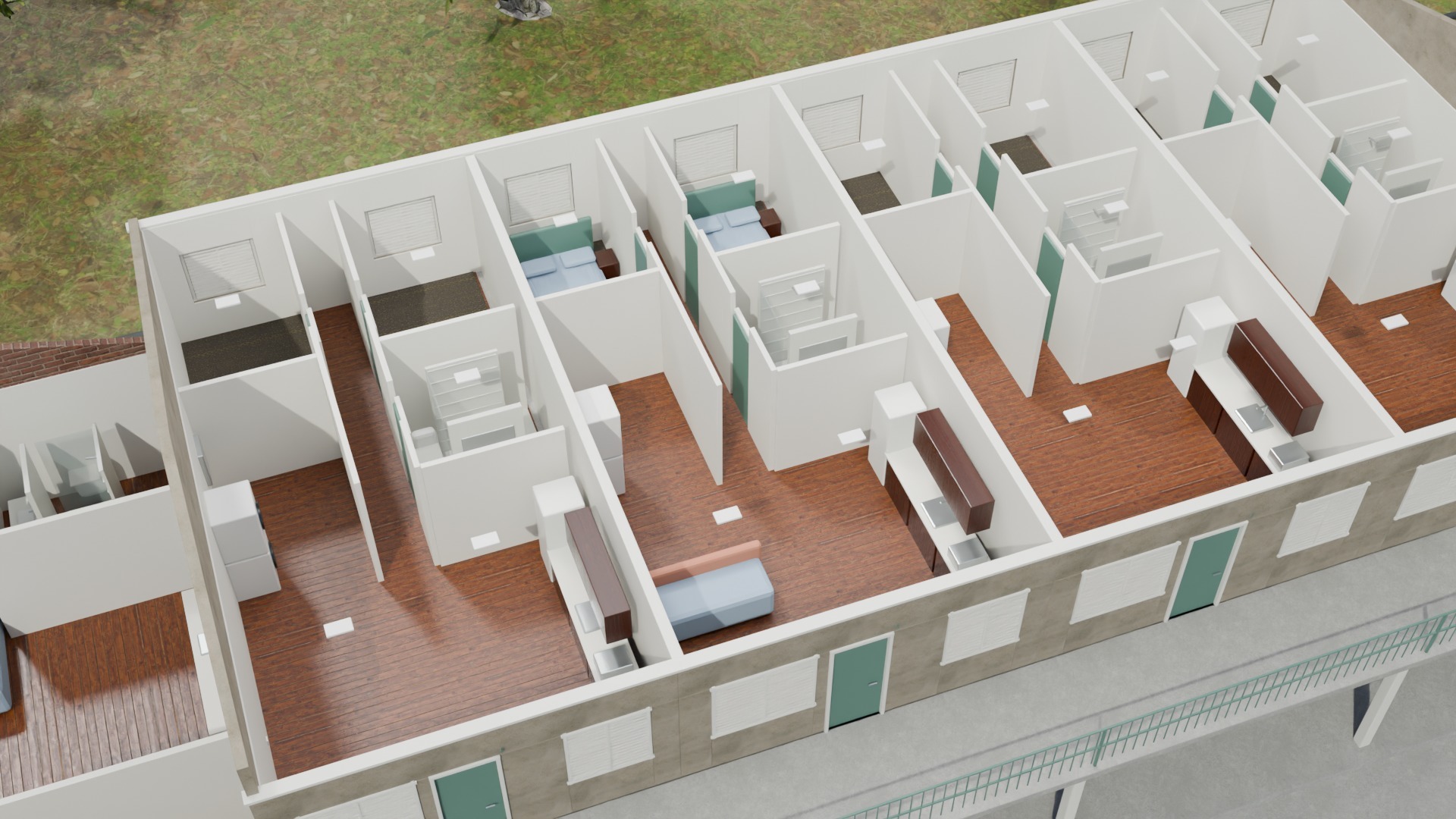 A roof-open view of the upper apartments and shared access gallery overlooking the courtyard.