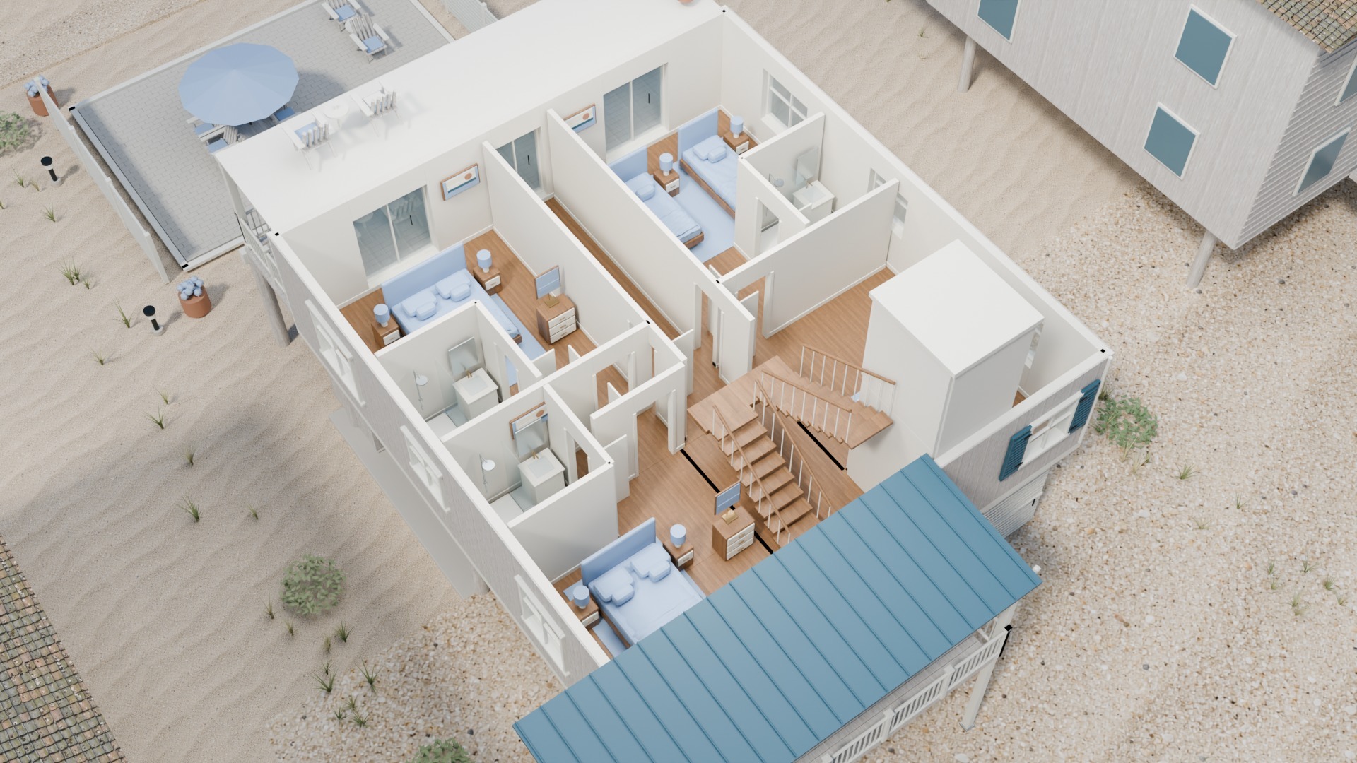 Middle-floor cutaway with three furnished bedroom suites, private bathrooms, a shared hall and an occupied projecting bay window.