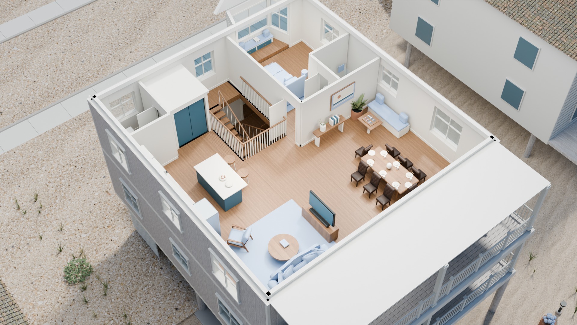 Upper-floor cutaway with eight dining chairs, a kitchen island, living room, window game banquette, guest suite, stairs and elevator.