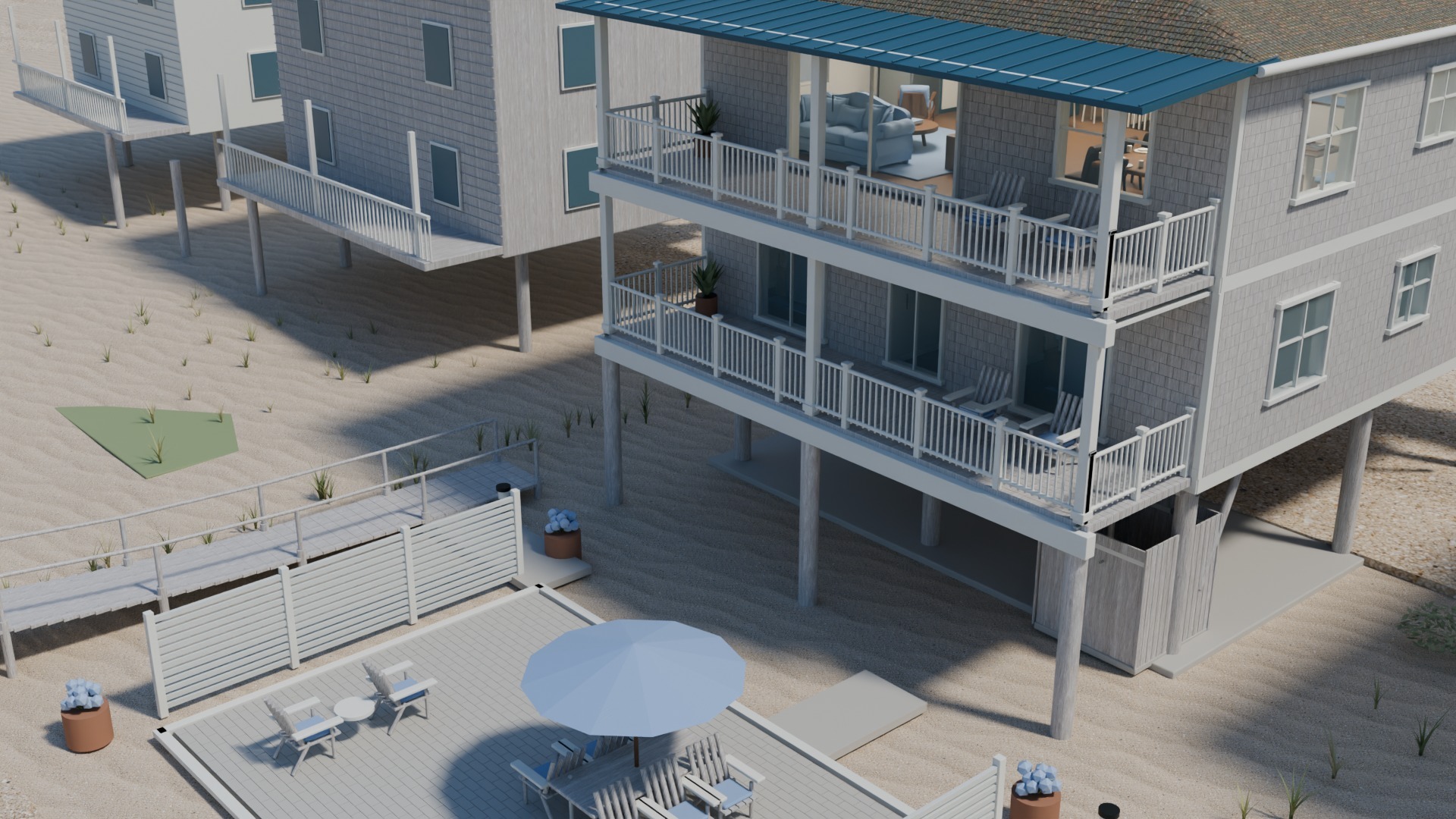 Ocean-facing porches above a furnished garden terrace, privacy screens, outdoor shower and a timber walk toward the dunes and public boardwalk.