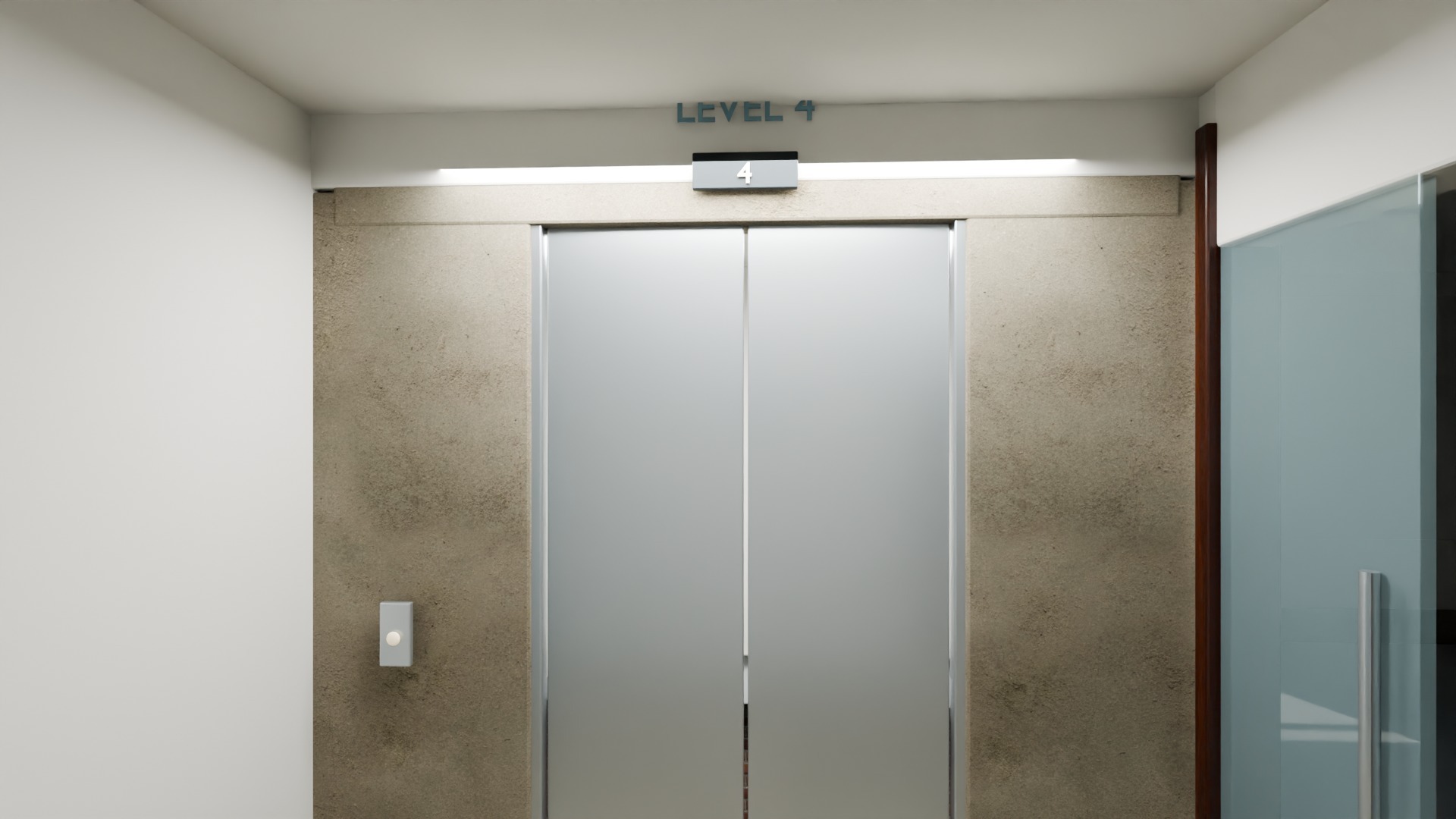 Brushed metal elevator doors labeled Level 4 beside a glazed suite entrance, stone surrounds and a finished ceiling
