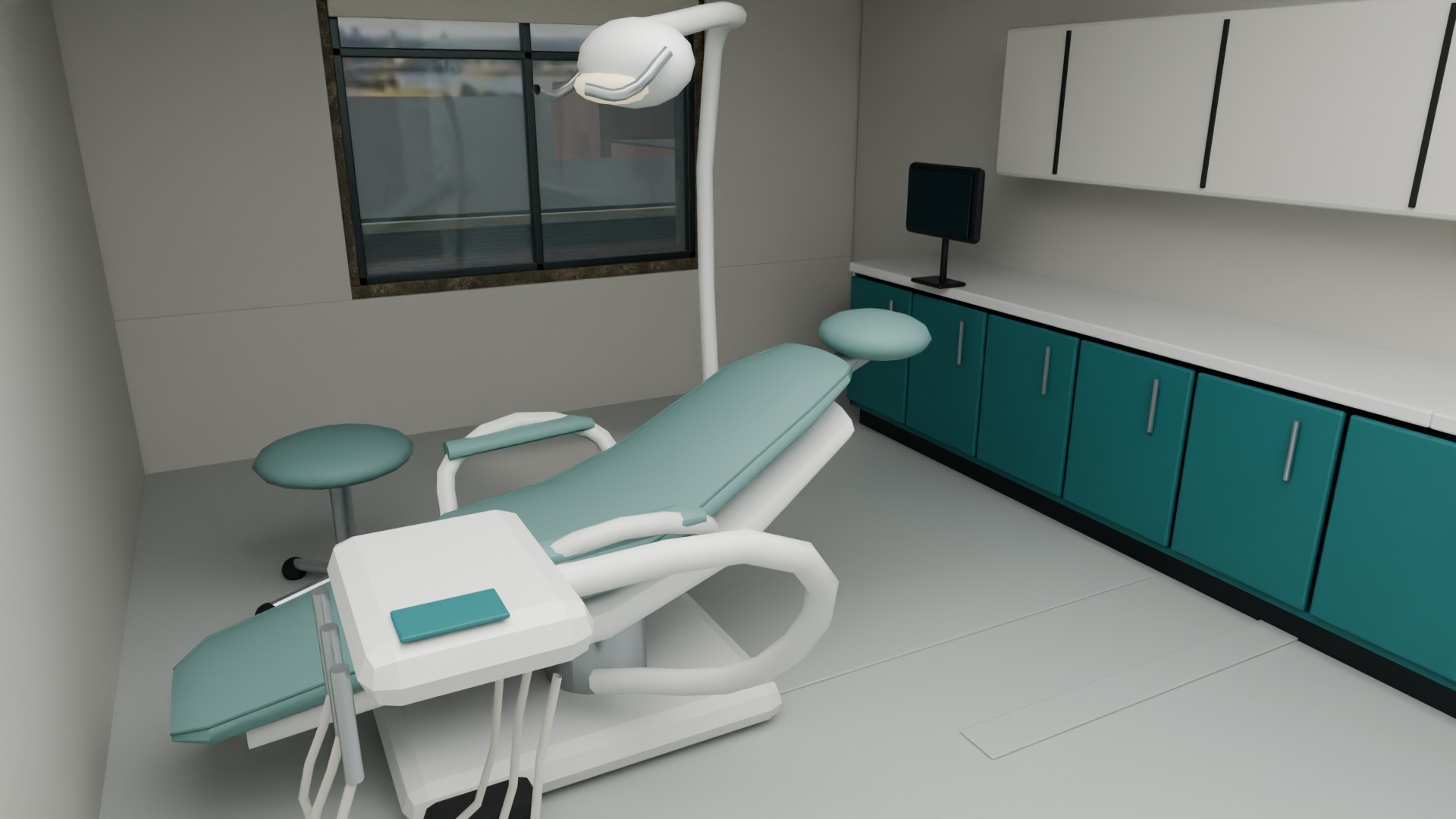 Sage dental chair, teal cabinetry and a recessed window in an upper-floor treatment room