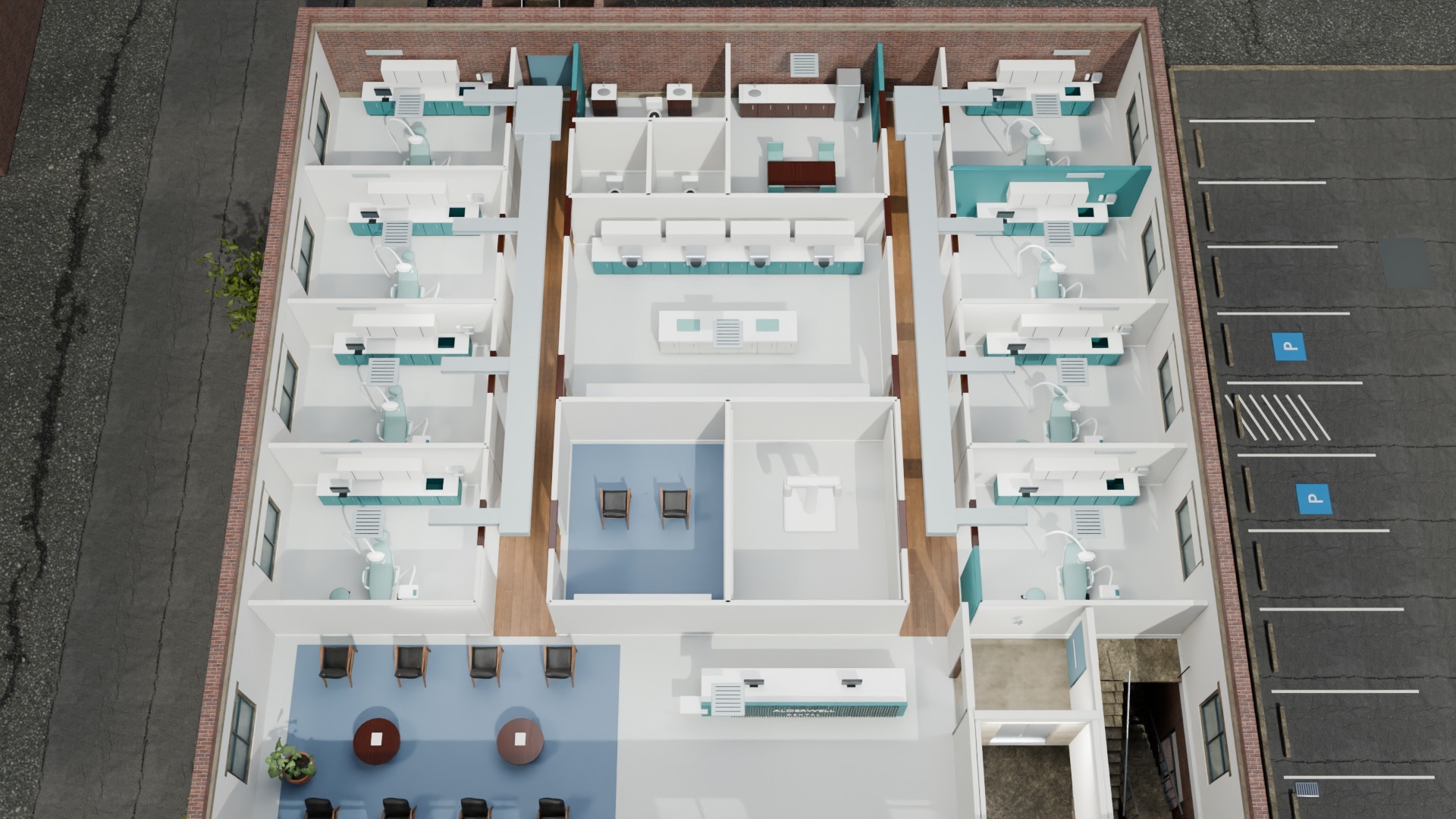 Cutaway fourth-floor plan with eight perimeter treatment rooms, central clinical support, a front-right elevator lobby and two stair routes
