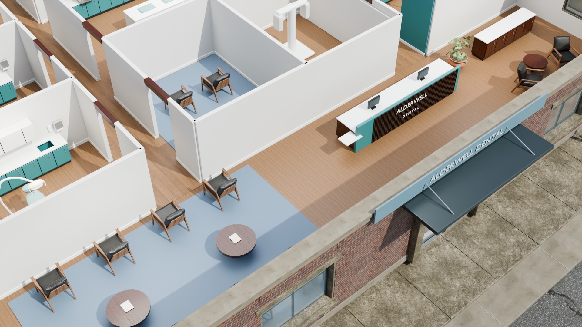 Roof-off view of the reception area: a wood counter lettered Alderwell Dental, waiting chairs around low tables and the entrance canopy
