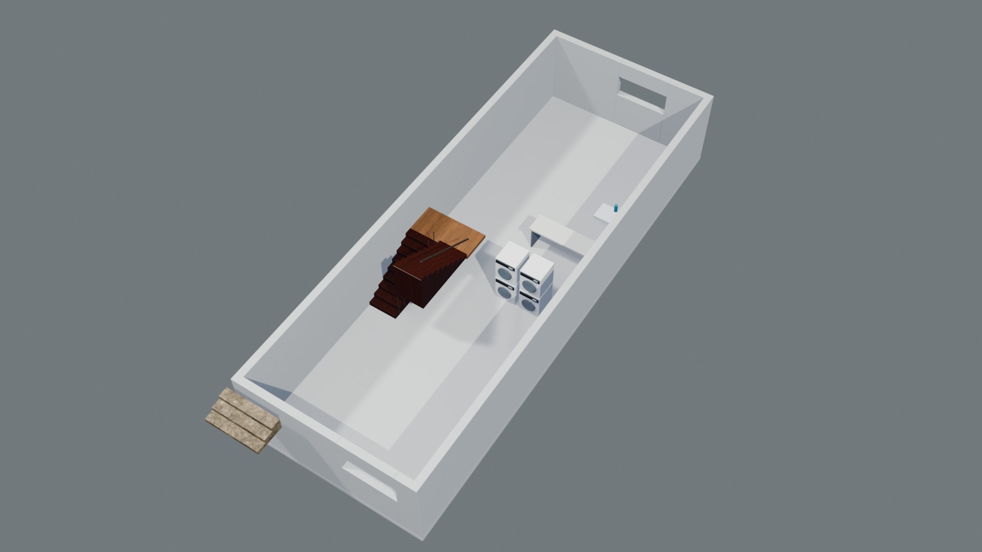 Basement cutaway showing two washer and dryer stacks, a folding counter, utility sink and the shared stairs.