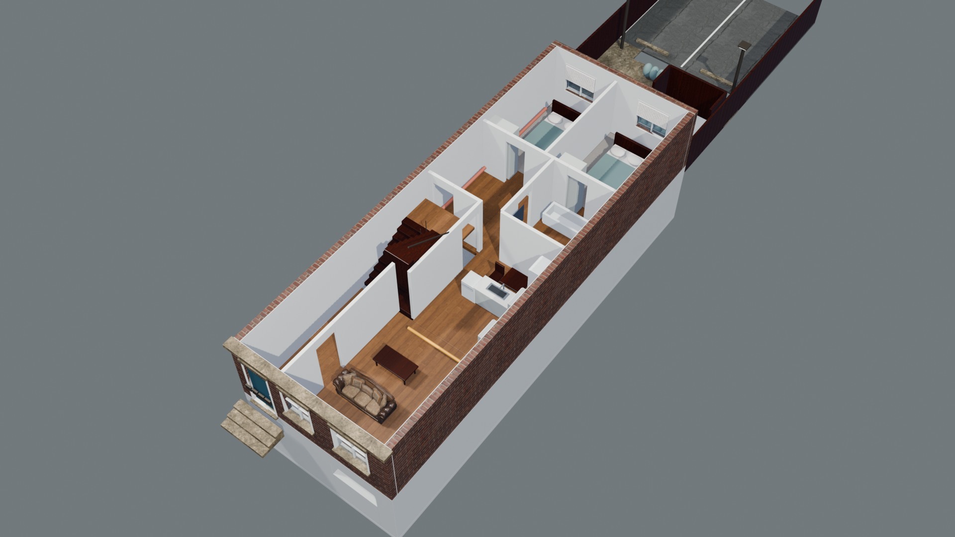Cutaway of the first-floor apartment with two rear bedrooms, a bathroom, kitchen, front living room and separate shared stair.