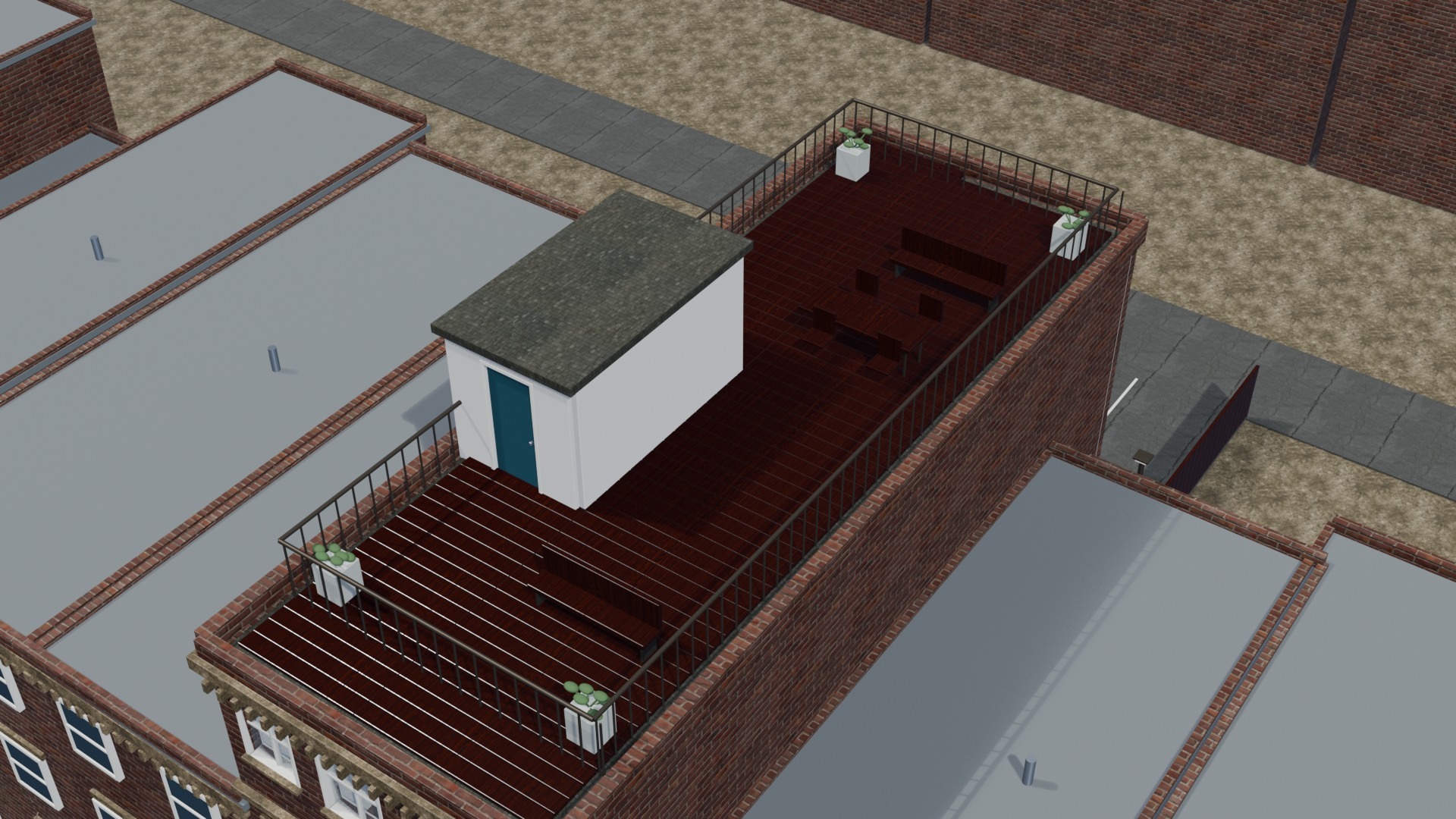 Shared rooftop terrace with a roof access stair enclosure, benches, a dining table, chairs and planters.