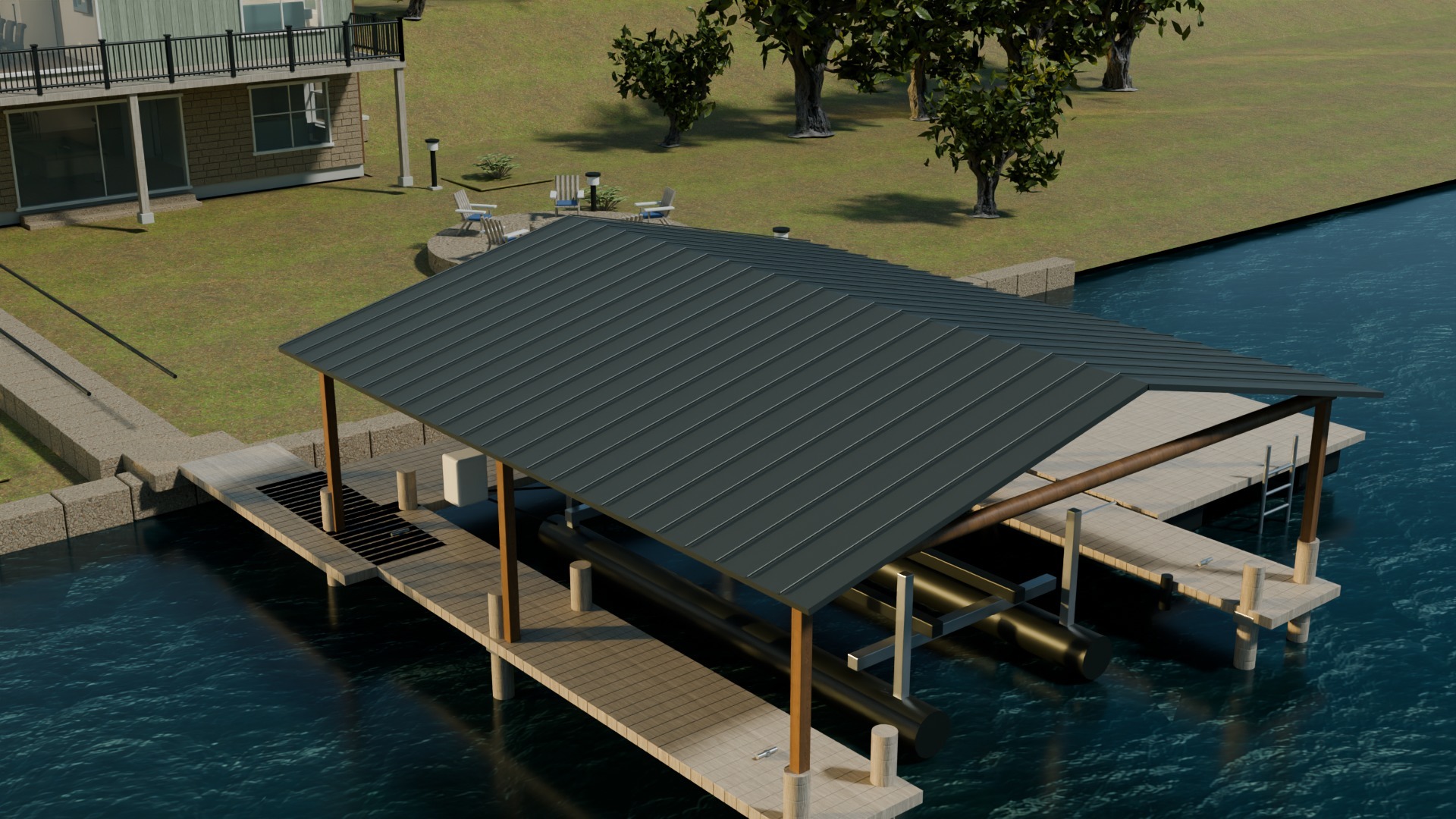 A close lake-side view of the fixed covered dock, exposed boat-lift cradle and adjacent swim platform.