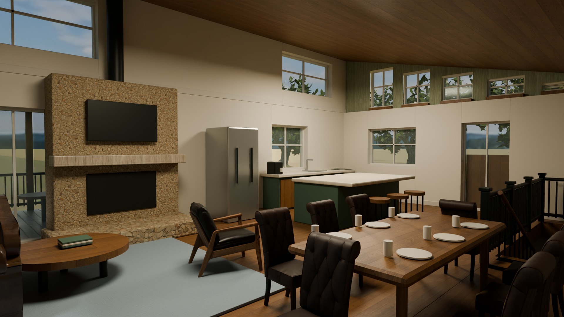 Eye-level view of the furnished great room with a stone fireplace, lake-facing windows and a screened porch.