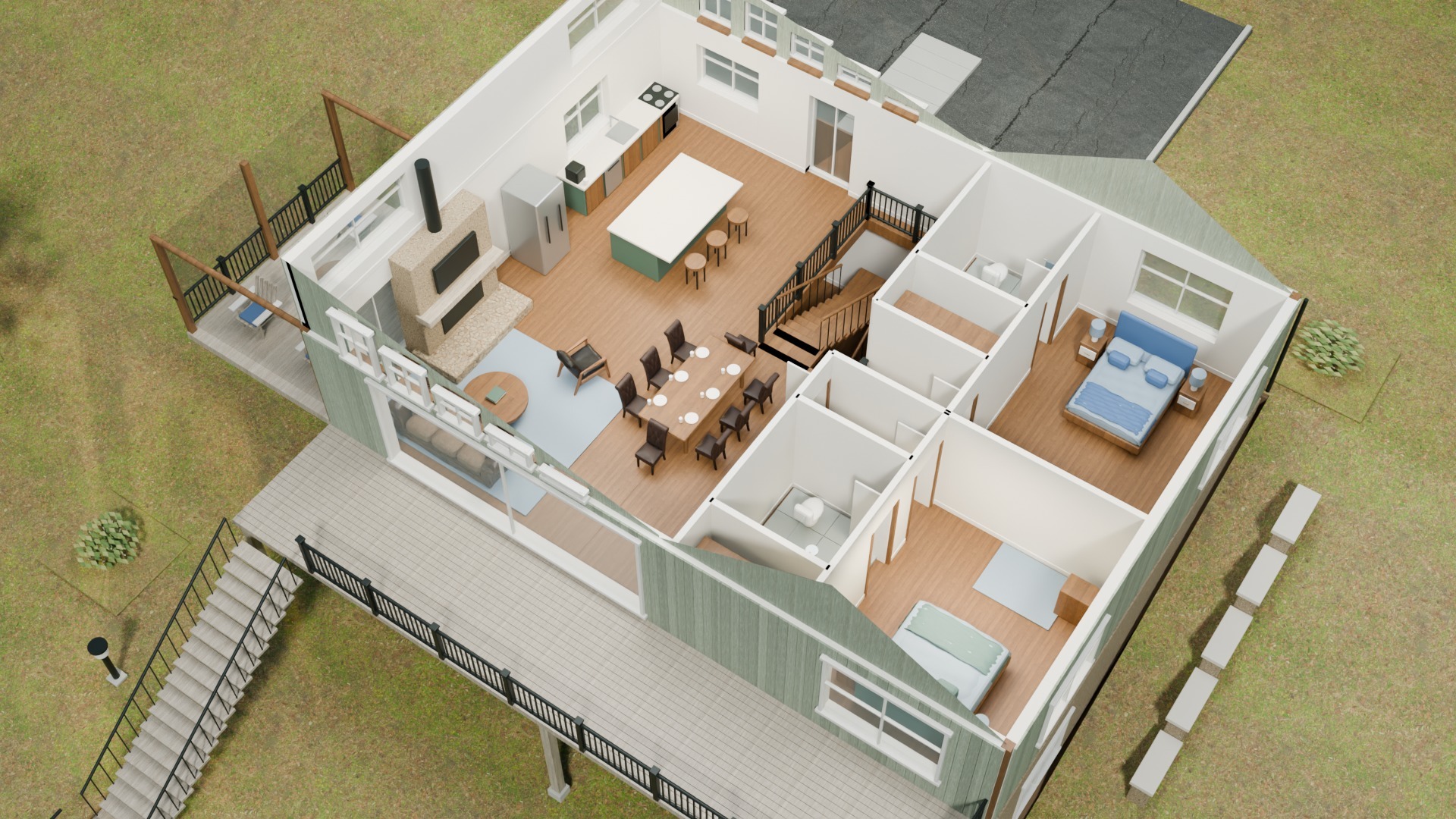 Main-level cutaway with a primary suite, guest suite, kitchen, dining, living room and screened porch.