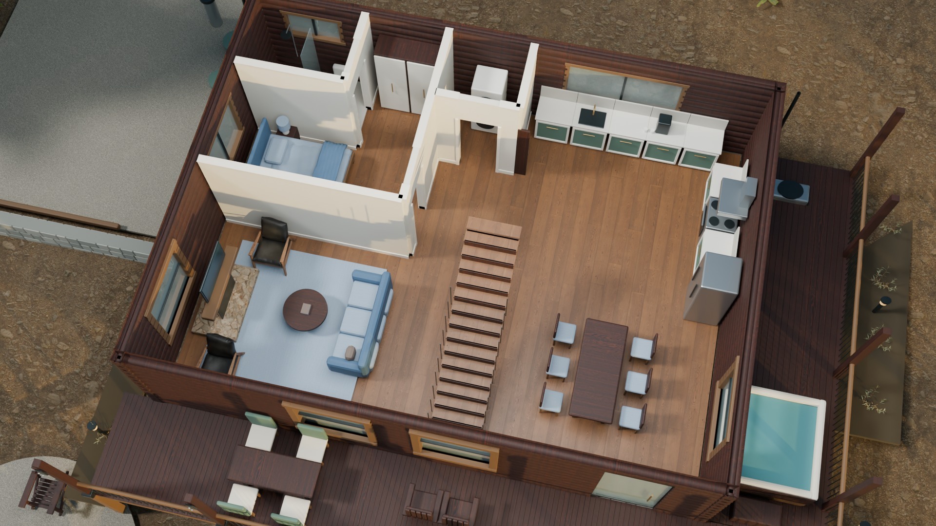First floor with the upper storey removed: rear-left king bedroom and private bath, west living room and fireplace, rear L-shaped kitchen, dining area, laundry cupboard and central staircase.