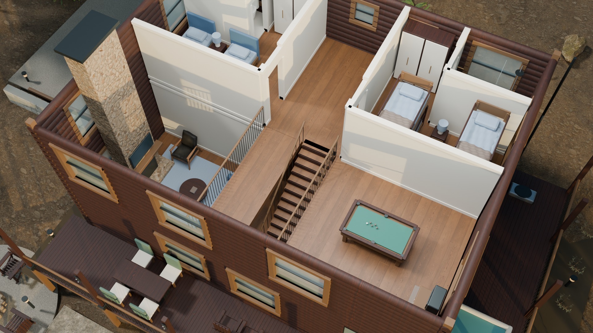 Roof-off view showing the upstairs twin and bunk bedrooms with separate private bathrooms, a central landing, and the dedicated game loft above the dining area.