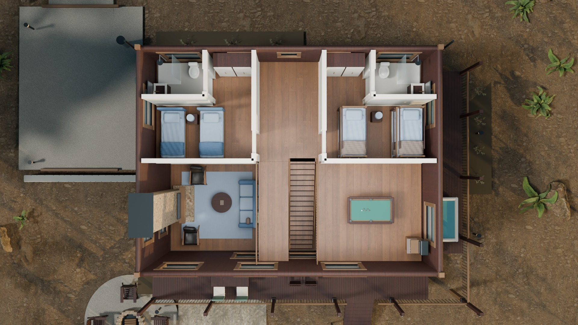 Overhead second-floor plan with two rear guest suites, private bathrooms, central hall, stairs, right-side game loft and an open void over the downstairs living room.