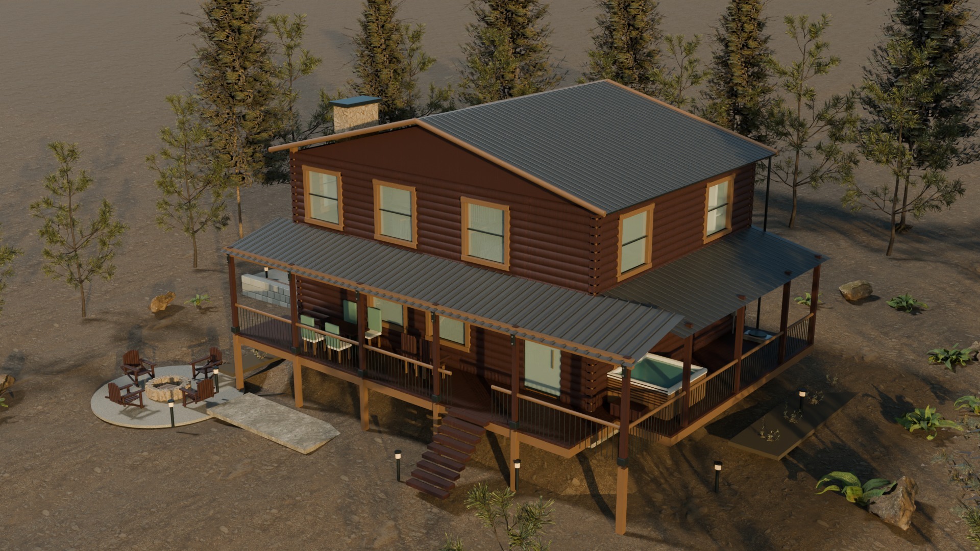 The fictional Laurel Ridge log cabin with its covered deck, hot tub and fire pit on a wooded slope