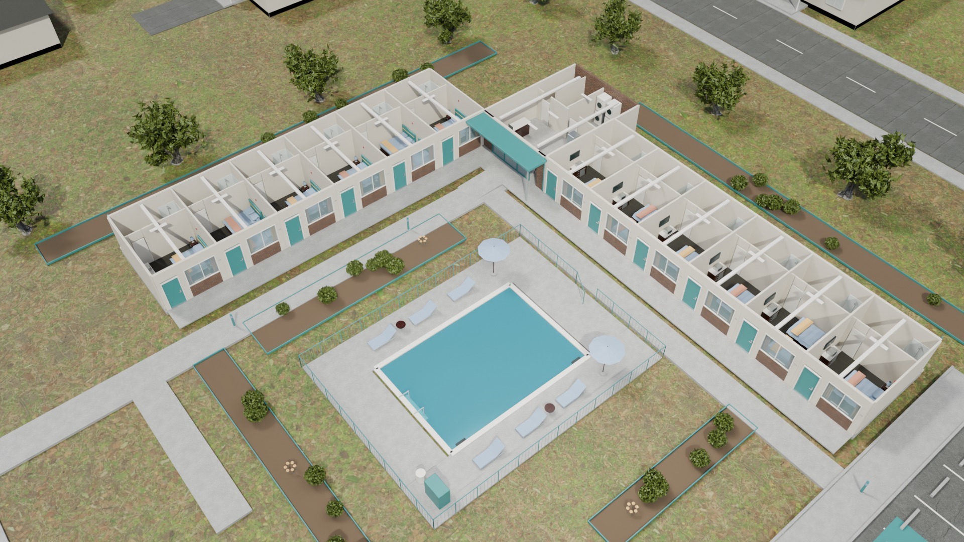 First-floor motel rooms viewed with the upper floor and roofs hidden, showing beds, bathrooms and entrance paths.