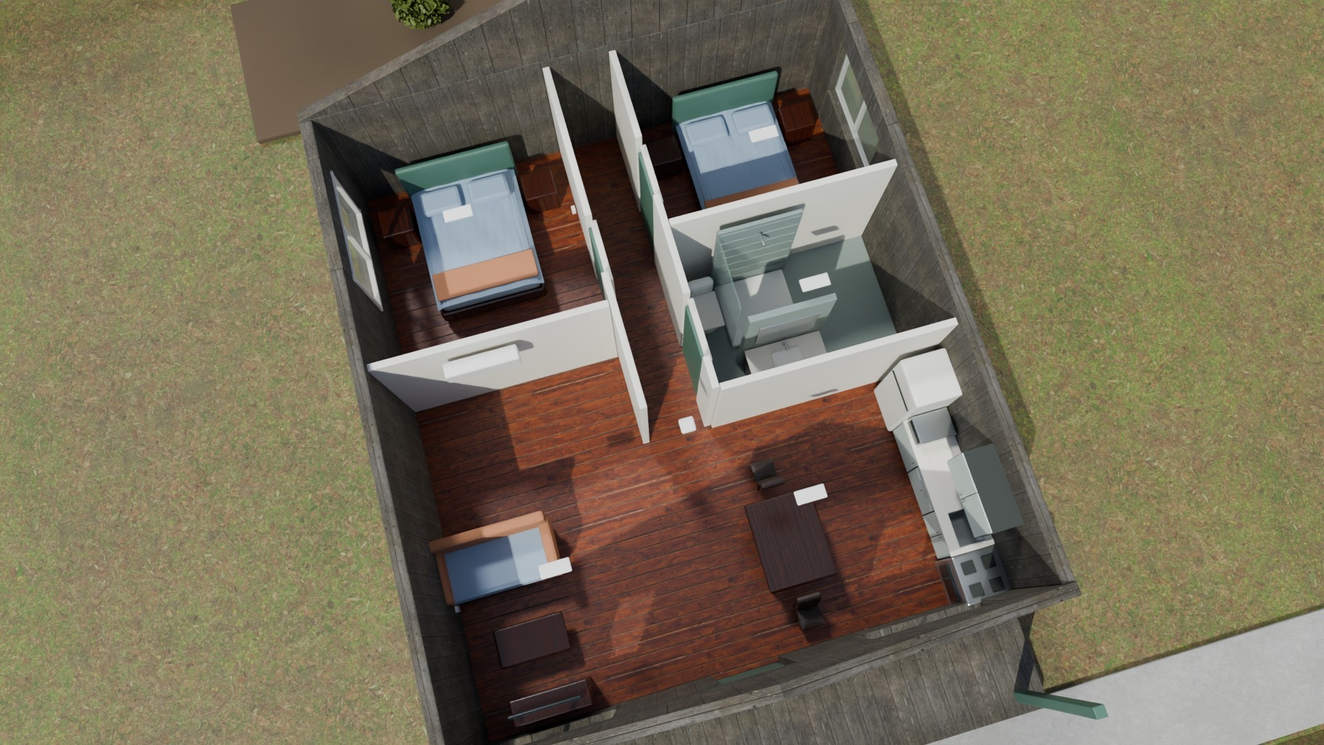 A roof-open rental cabin with two separate bedrooms, a full bathroom and an open kitchen and living room.