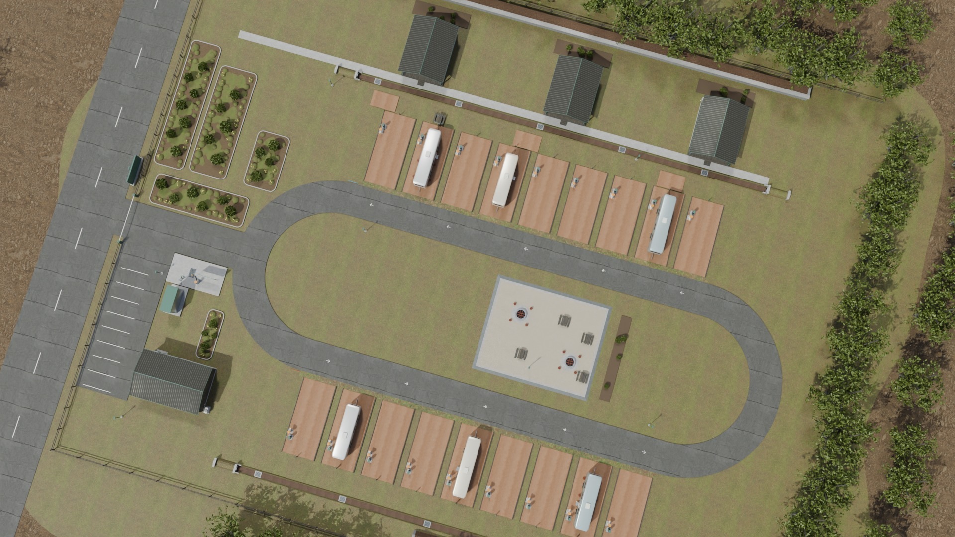 Overhead view of eighteen RV pads around a one-way loop, three rental cabins in their own row, and the front service court.