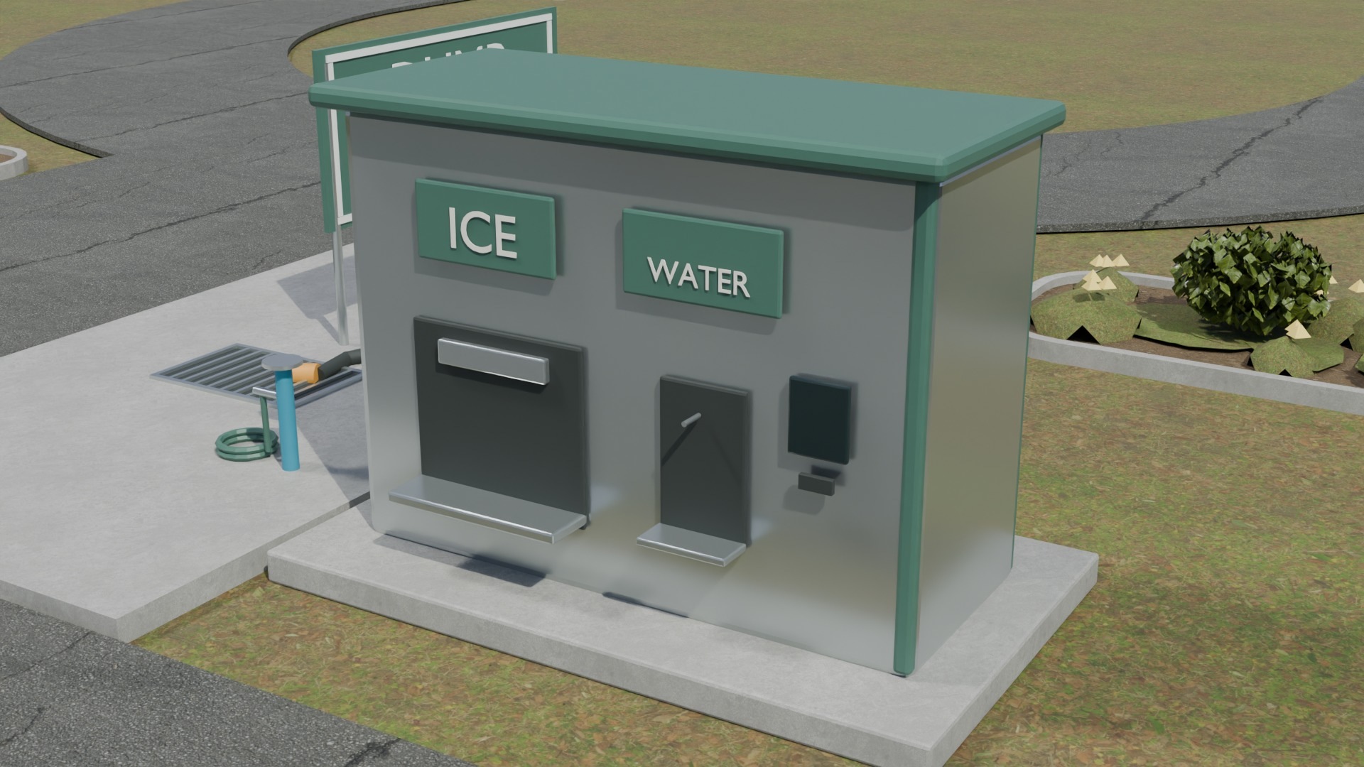 A large unbranded gray and green vending kiosk with separate ice and water dispensing areas beside the arrival court.