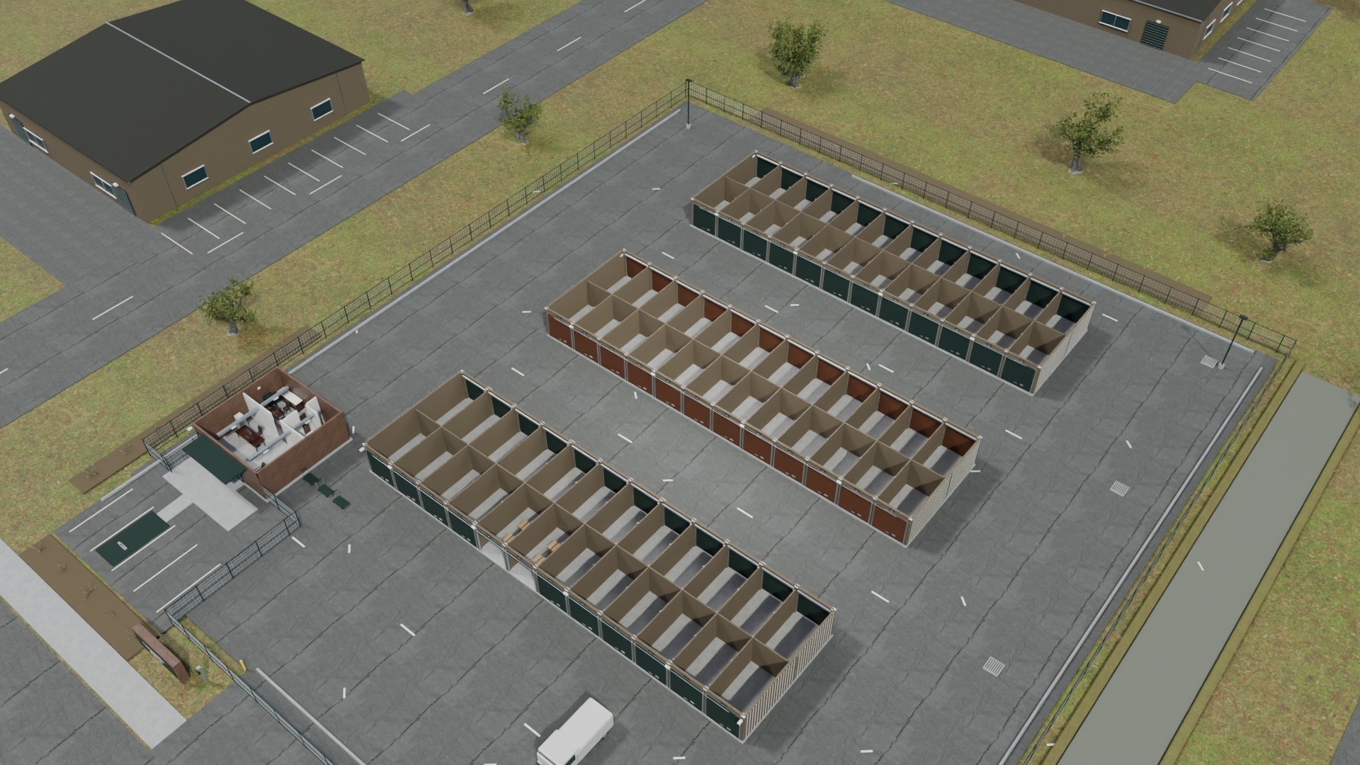 Three rows of roof-open storage units with permanent dividing walls and wide drive aisles.