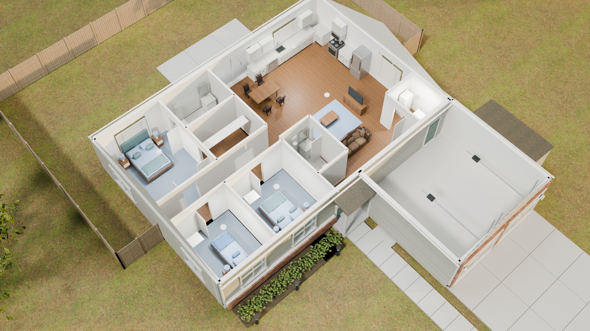 Roof-open view showing a private bedroom wing, two bathrooms, living and dining area, kitchen, laundry and attached garage.