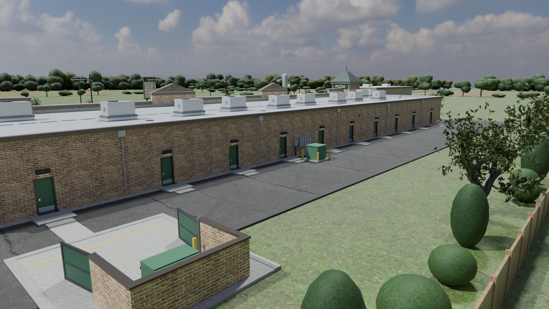 The back of the building with a steel service door for each bay, the meter bank, rooftop units over the parapet and the masonry dumpster enclosure.
