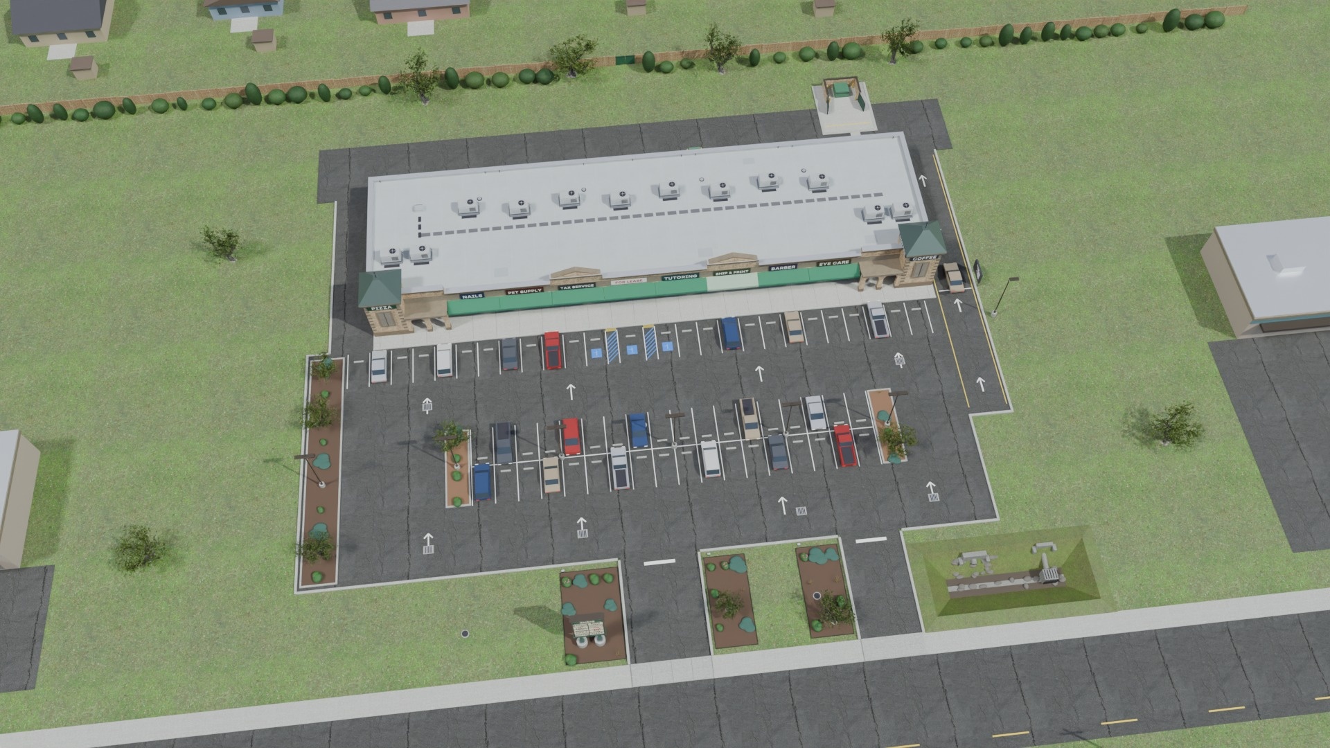 An overhead plan of the 240 by 65 foot building, the 62-stall lot with three accessible stalls, the pylon sign at the road and the drive-thru lane on the east end cap.