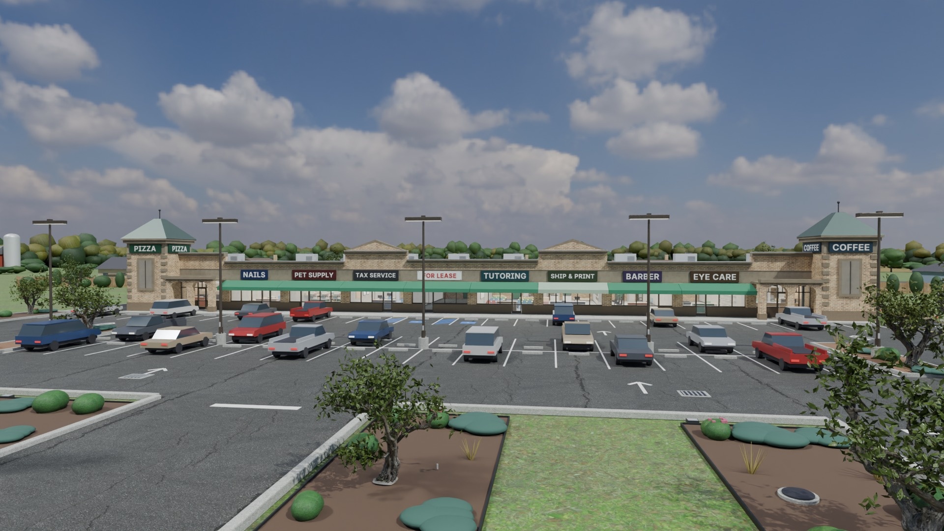 Tan brick and EIFS storefronts on a stone base with two corner towers, green fabric awnings and generic wall signs reading COFFEE, NAILS, PIZZA and TAX SERVICE.