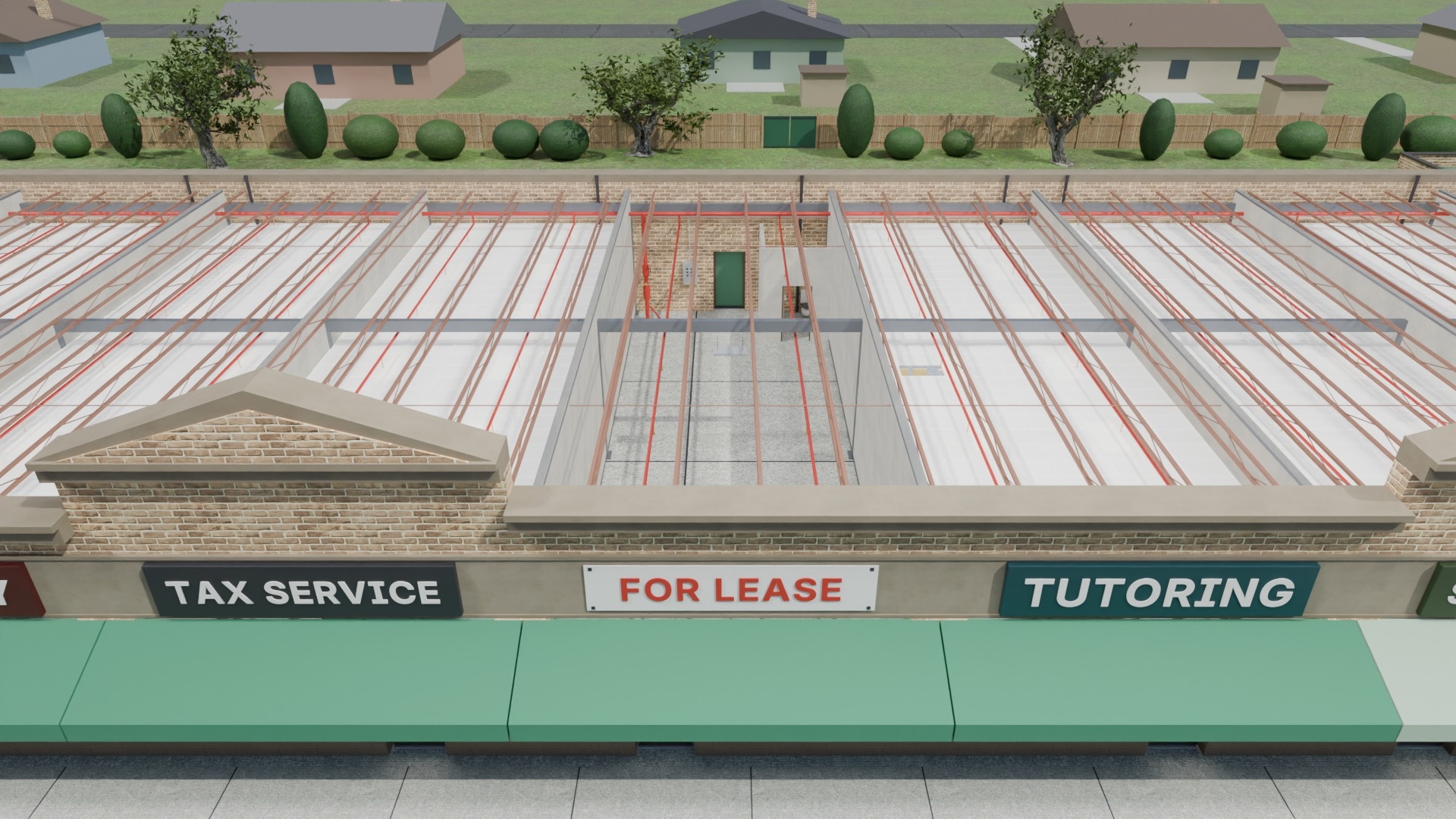 A roof-open view of the inline suites: the vacant bay with its bare landlord shell and FOR LEASE sign beside the tax service and tutoring suites, whose removable carpet the landlord owns.